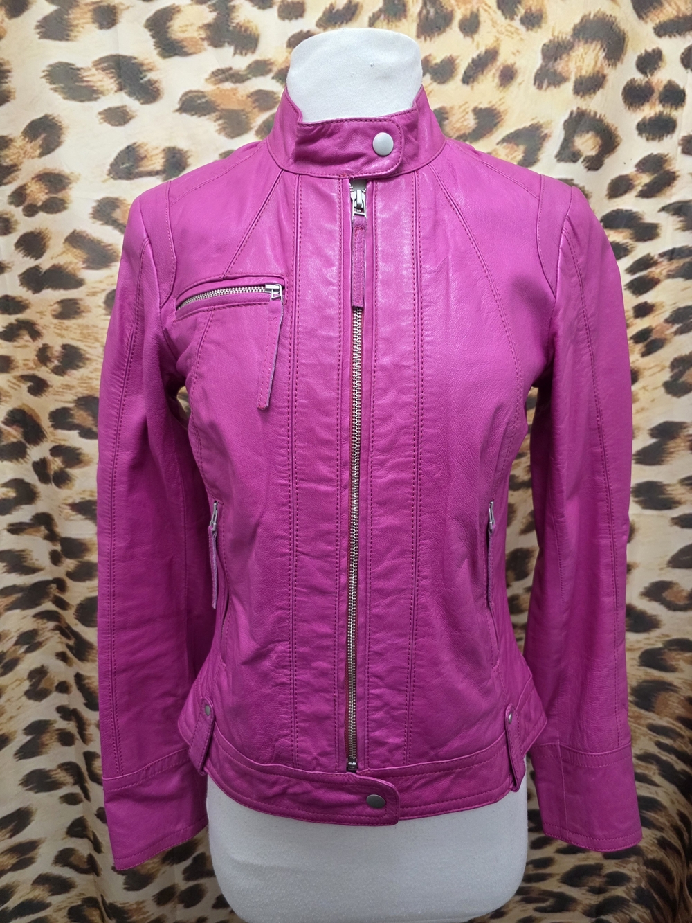 Danier Hot Fuchsia Pink Genuine Leather Moto Bomber Jacket - Size 2XS/4-6